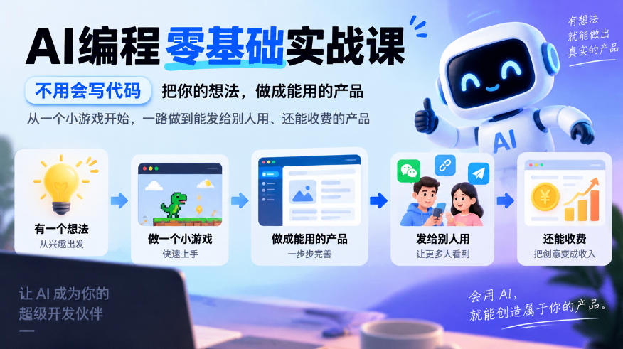 AI编程零基础实战课,不用会写代码,把你的想法,做成能用的产品,从一个小游戏开始,一路做到能发给别人用、还能收费的产品-赛德副业库