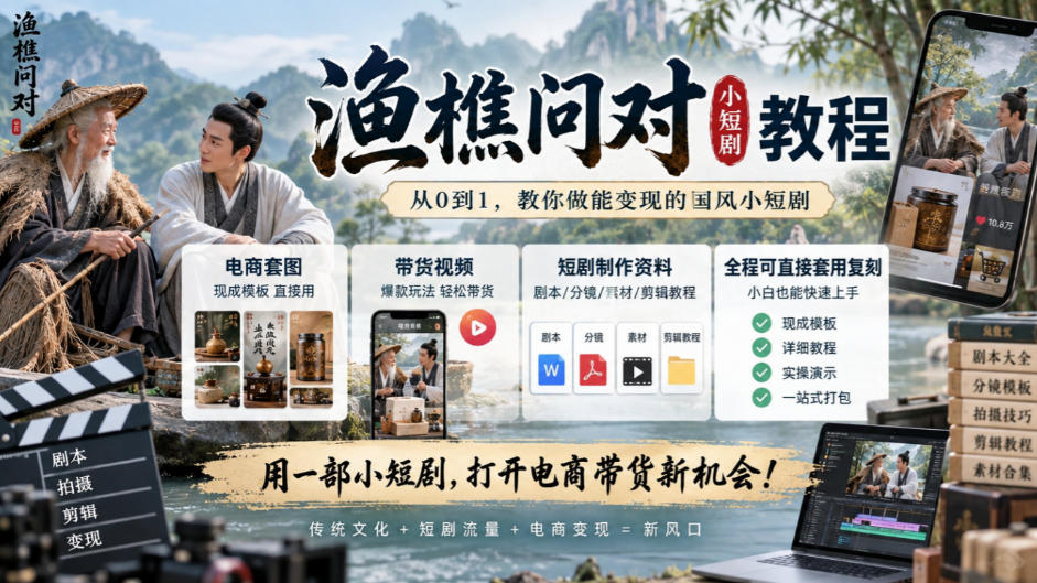 渔樵问对小短剧教程，包含电商套图、带货视频，短剧制作资料，全程可直接套用复刻-赛德副业库
