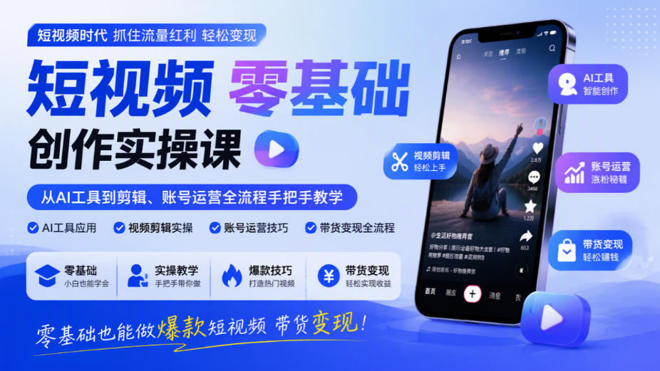 短视频零基础创作实操课,从AI工具到剪辑、账号运营全流程手把手教学,零基础也能做爆款短视频带货变现-赛德副业库