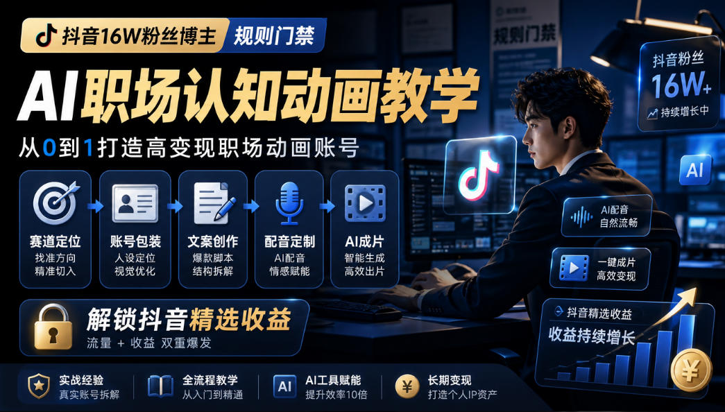 抖音16W粉丝博主规则门禁的AI职场认知动画教学,从赛道定位、账号包装,到文案创作、配音定制、AI成片,解锁抖音精选收益-赛德副业库