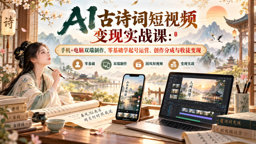 AI古诗词短视频变现实战课：手机+电脑双端制作，零基础学起号运营、创作分成与收徒变现-赛德副业库