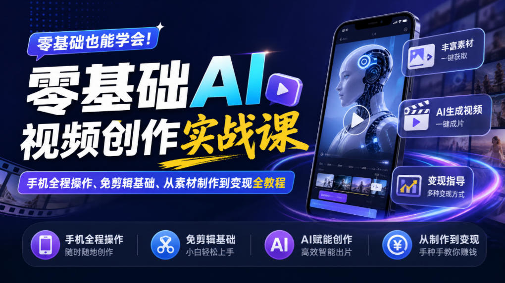 零基础AI视频创作实战课｜手机全程操作、免剪辑基础、从素材制作到变现全教程​-赛德副业库