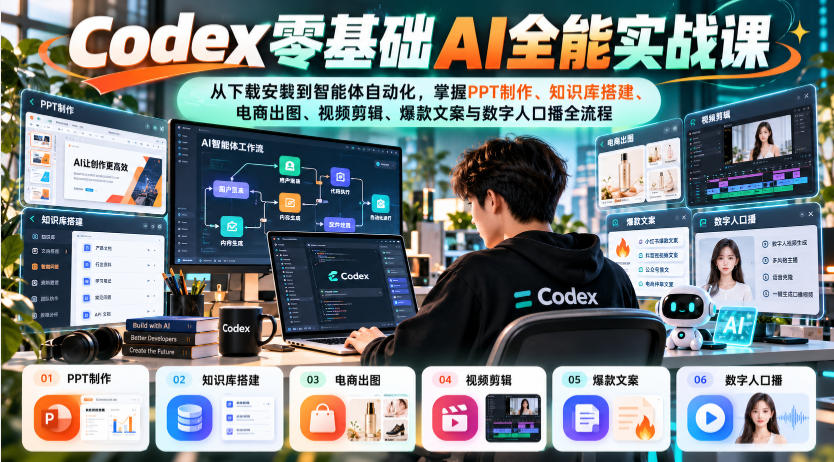 Codex零基础AI全能实战课:从下载安装到智能体自动化,掌握知识库搭建、电商出图、视频剪辑、爆款文案与数字人口播全流程-赛德副业库