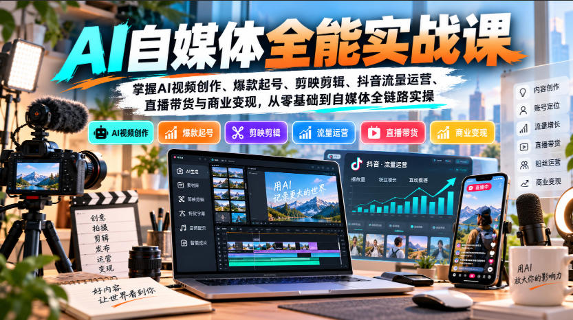 【无水印】AI自媒体全能实战课,掌握AI视频创作、爆款起号、剪映剪辑、抖音流量运营、直播带货与商业变现,从零基础到自媒体全链路实操-赛德副业库