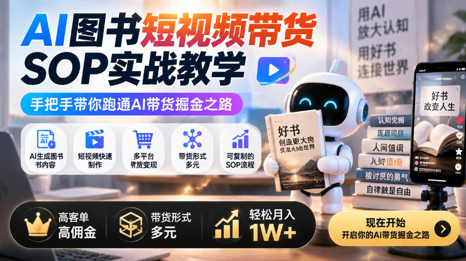 AI图书短视频带货SOP实战教学，手把手带你跑通AI带货掘金之路，高客单高佣金，带货形式多元，轻松月入1W+-赛德副业库