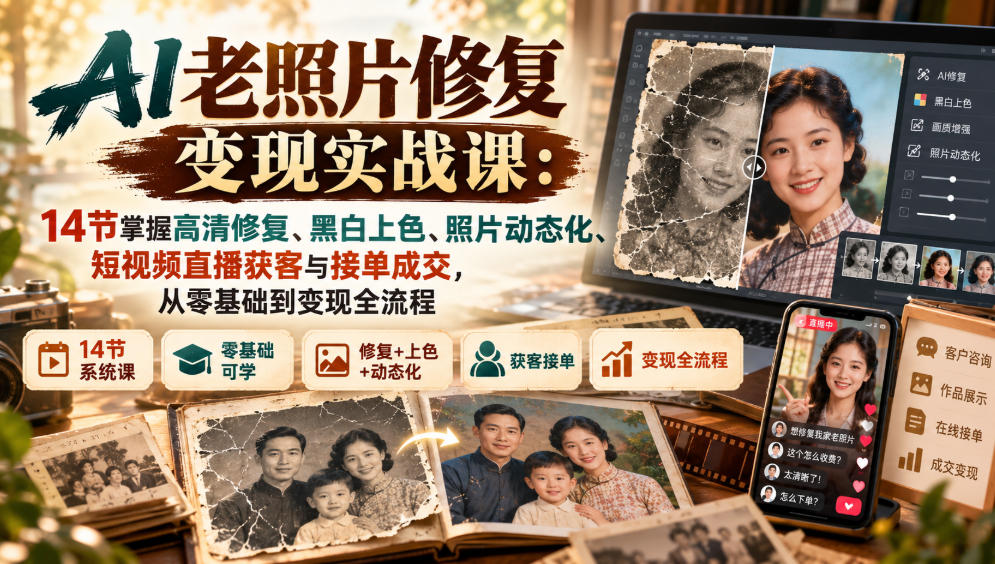 AI老照片修复变现实战课：14节掌握高清修复、黑白上色、照片动态化、短视频直播获客与接单成交，从零基础到变现全流程-赛德副业库