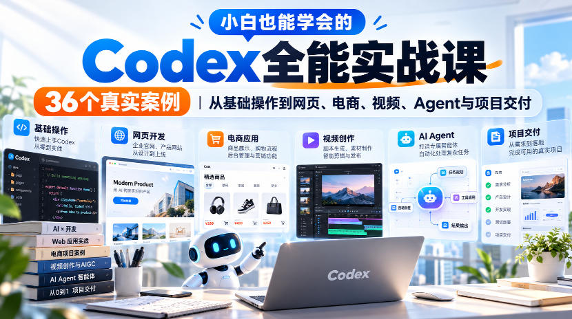小白也能学会的Codex全能实战课|36个真实案例,从基础操作到网页、电商、视频、Agent与项目交付-赛德副业库