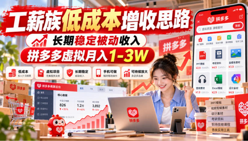 工薪族低成本增收思路,长期稳定被动收入,拼多多虚拟月入1-3W-赛德副业库