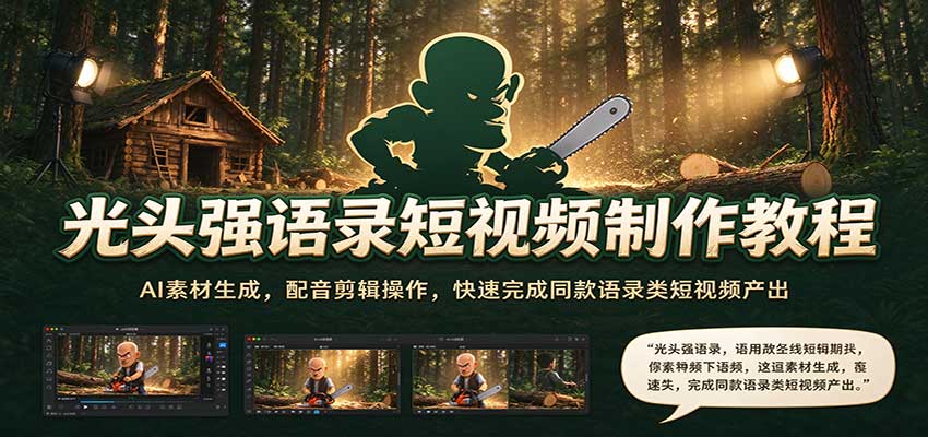 光头强语录短视频制作教程:AI素材生成,配音剪辑操作,快速完成同款语录类短视频产出-赛德副业库