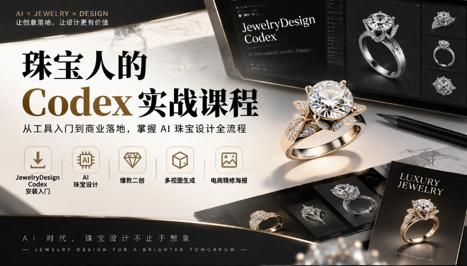 珠宝人的Codex实战课程|JewelryDesign Codex安装入门、AI珠宝设计、爆款二创、多视图生成、电商精修海报全链路教学-赛德副业库