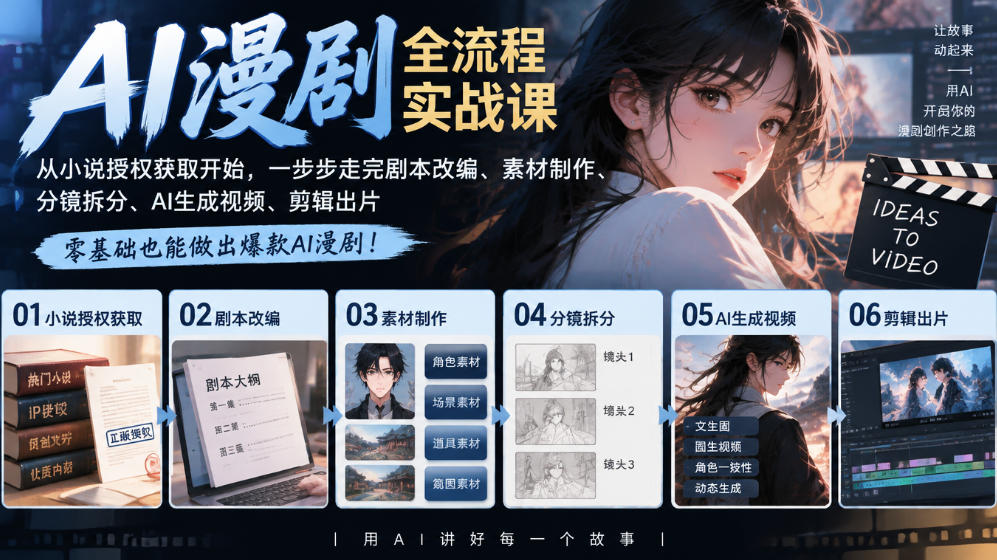 AI漫剧全流程实战课|从小说授权获取开始,一步步走完剧本改编、素材制作、分镜拆分、AI生成视频、剪辑出片全流程-赛德副业库