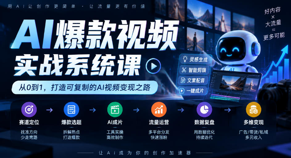 AI爆款视频实战系统课|赛道定位、爆款选题、AI成片、流量运营、数据复盘、多维变现全链路教学-赛德副业库