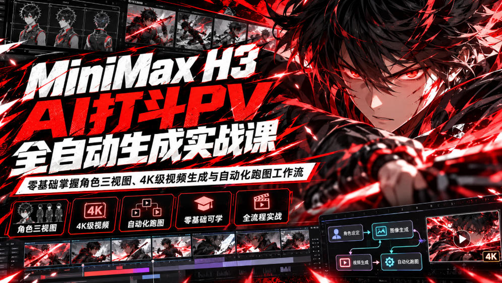 MiniMax H3 AI打斗PV全自动生成实战课：零基础掌握角色三视图、4K级视频生成与自动化跑图工作流-赛德副业库