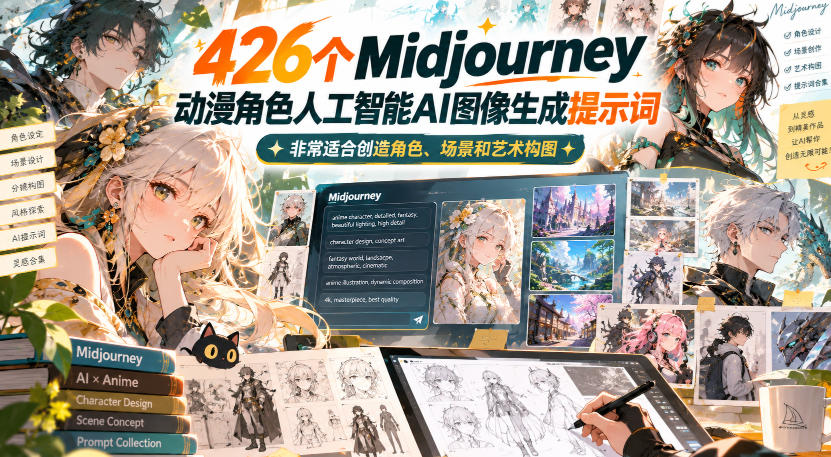 426个Midjourney动漫角色人工智能AI图像生成提示词，非常适合创造角色、场景和艺术构图-赛德副业库