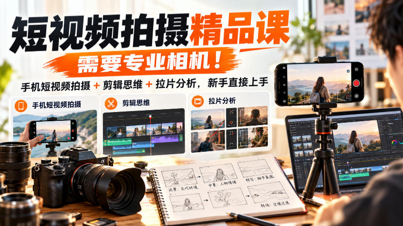 短视频拍摄精品课，需要专业相机！手机短视频拍摄+剪辑思维+拉片分析，新手直接上手-赛德副业库