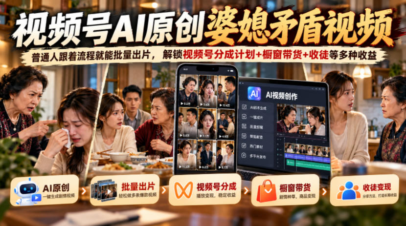 视频号ai原创婆媳矛盾视频,普通人跟着流程就能批量出片,解锁视频号分成计划+橱窗带货+收徒等多种收益-赛德副业库
