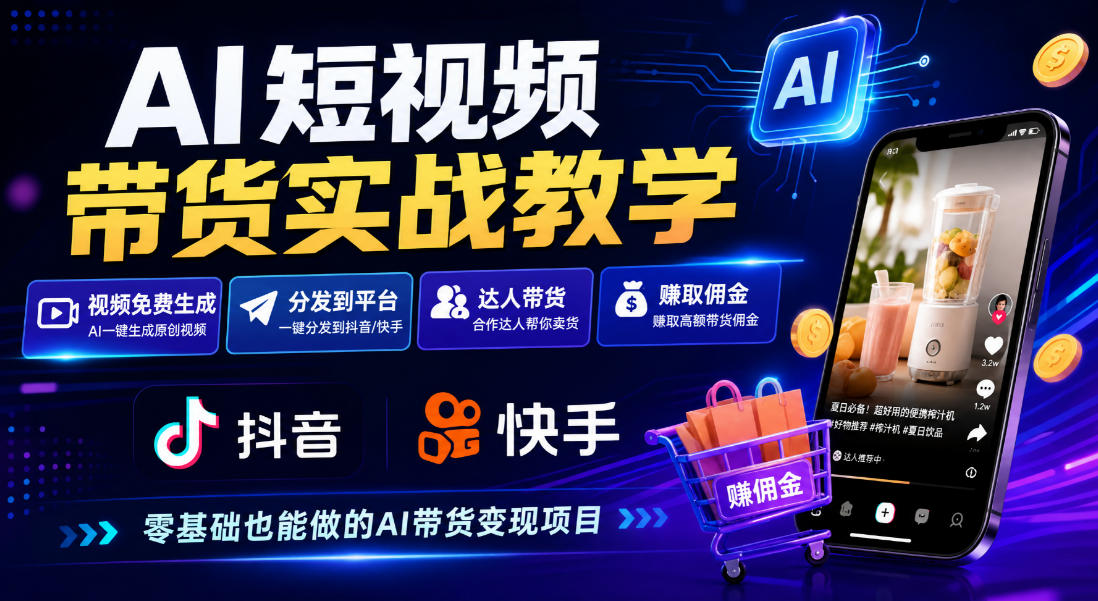 AI短视频带货实战教学,视频免费生成,分发到抖音快手平台,达人带货賺佣金-赛德副业库