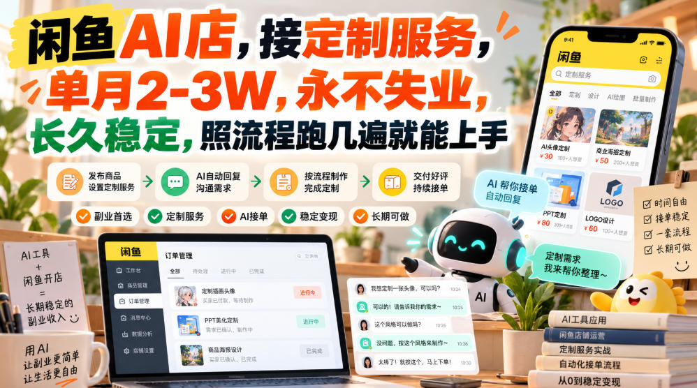 闲鱼AI店,接定制服务,单月2-3W,永不失业,长久稳定,照流程跑几遍就能上手-赛德副业库