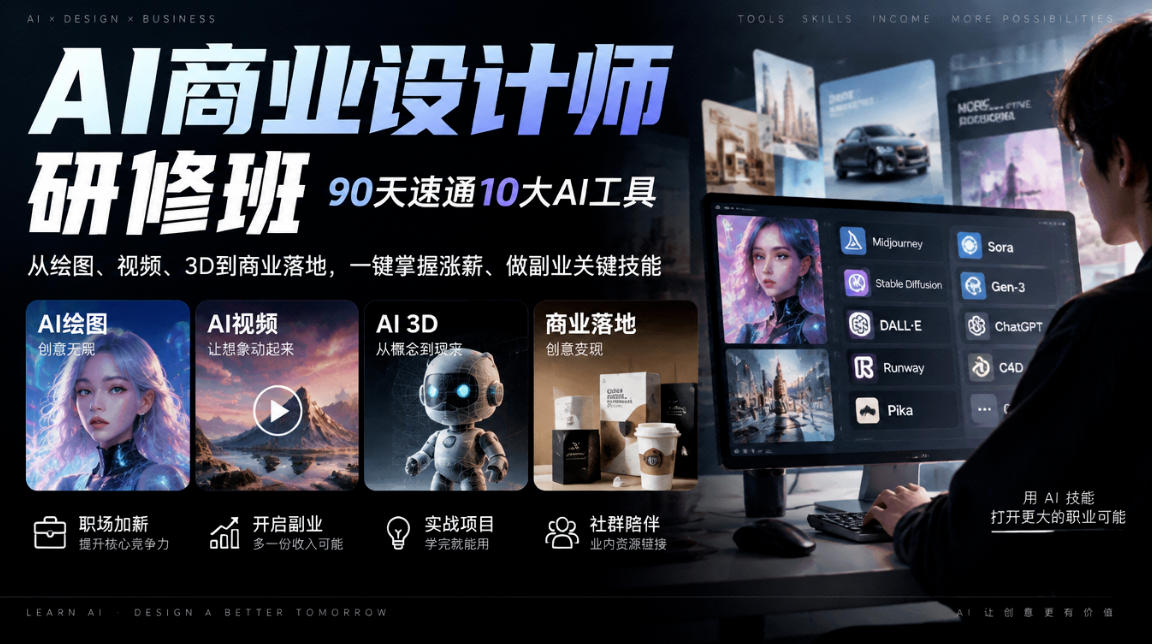 AI商业设计师研修班,90天速通10大AI工具,从绘图、视频、3D到商业落地,一键掌握涨薪、做副业关键技能-赛德副业库