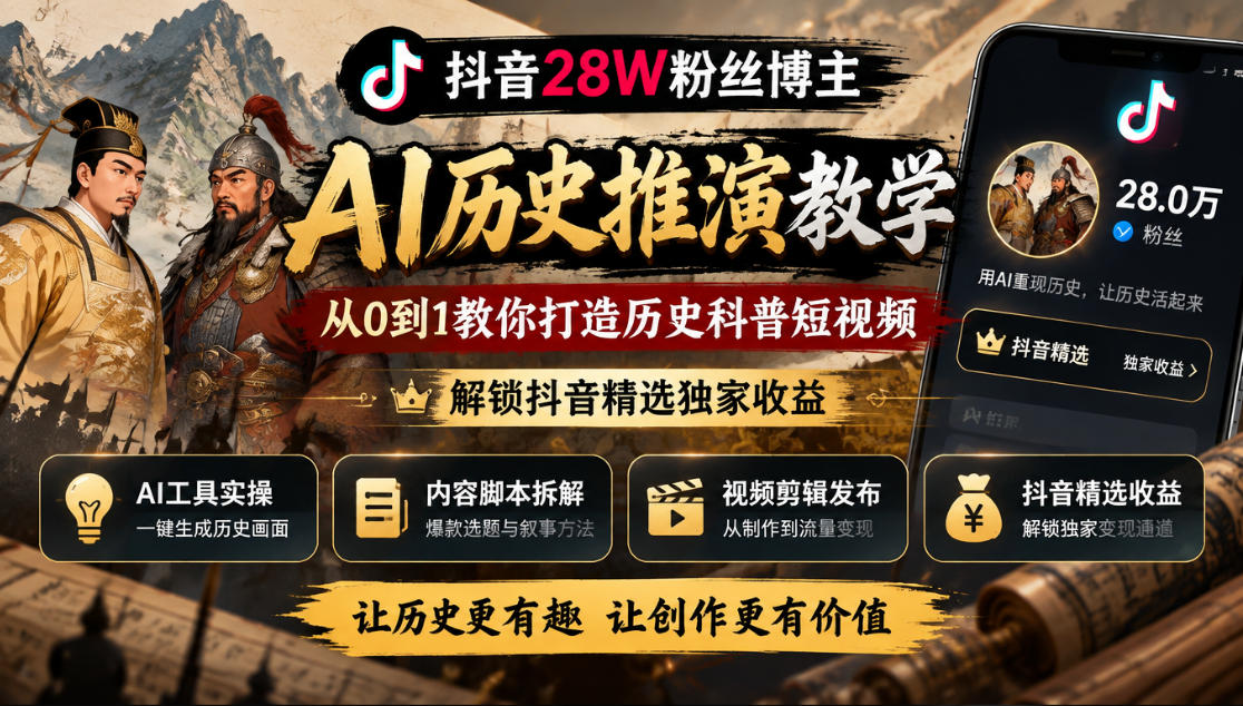 抖音28W粉丝博主的AI历史推演教学,从0到1教你打造历史科普短视频,解锁抖音精选独家收益-赛德副业库