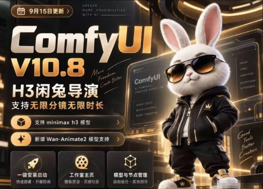 ComfyUI V10.8中文整合包，H3闲兔导演，支持无限分镜无限时长，1000+工作流，动作迁移，角色替换，视频一致性，口型同步，低显存可用-赛德副业库