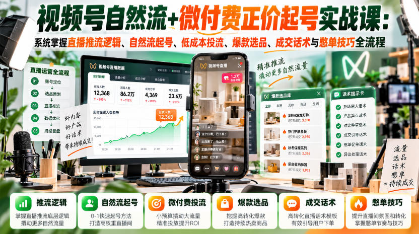 视频号自然流+微付费正价起号实战课：系统掌握直播推流逻辑、自然流起号、低成本投流、爆款选品、成交话术与憋单技巧全流程-赛德副业库