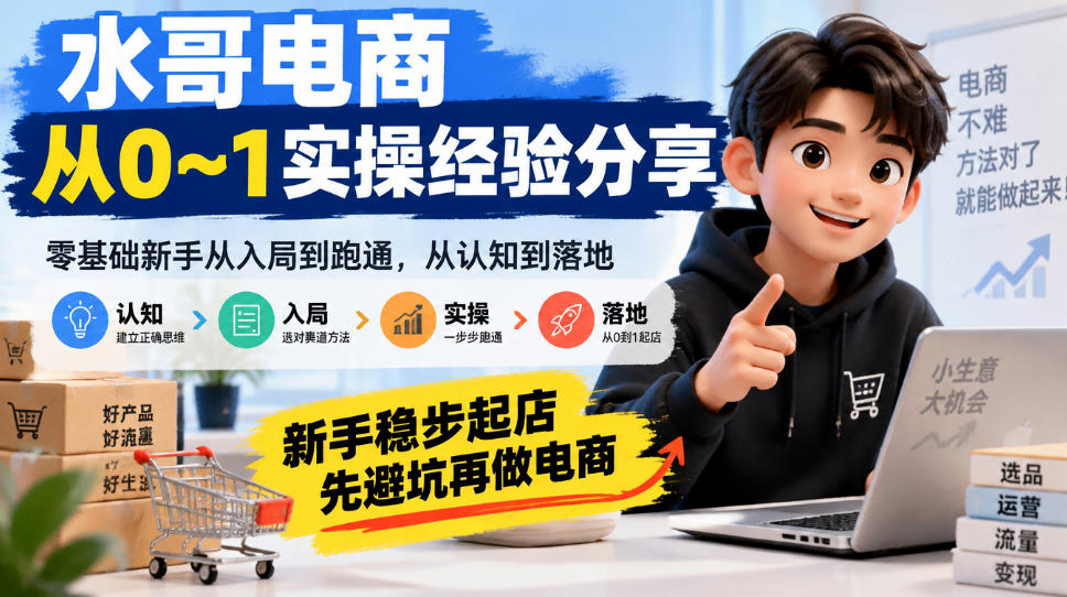水哥电商从0~1实操经验分享，​零基础新手从入局到跑通，从认知到落地，新手稳步起店，先避坑再做电商-赛德副业库