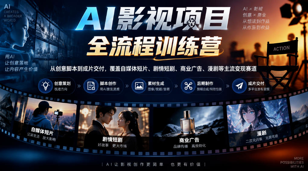AI影视项目全流程训练营，从创意脚本到成片交付，覆盖自媒体短片、剧情短剧、商业广告、漫剧等主流变现赛道-赛德副业库