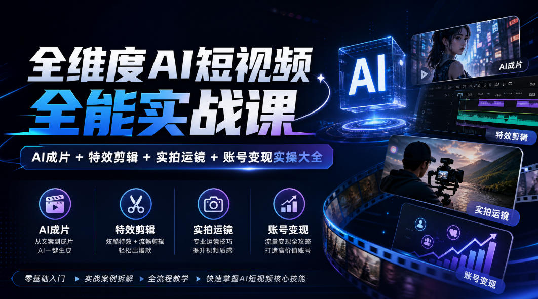 全维度AI短视频全能实战课,AI成片+特效剪辑+实拍运镜+账号变现实操大全-赛德副业库