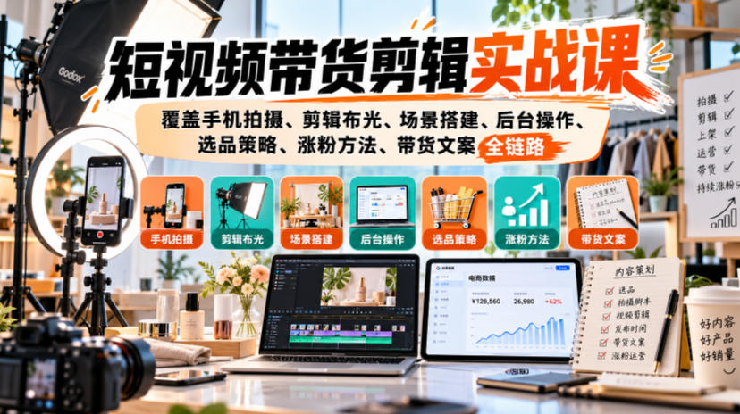 短视频带货剪辑实战课,覆盖手机拍摄、剪辑布光、场景搭建、后台操作、选品策略、涨粉方法、带货文案全链路-赛德副业库