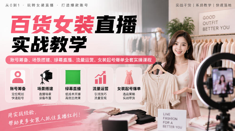 百货女装直播实战教学|账号筹备、场景搭建、绿幕直播、流量运营、女装起号爆单全套实操课程-赛德副业库
