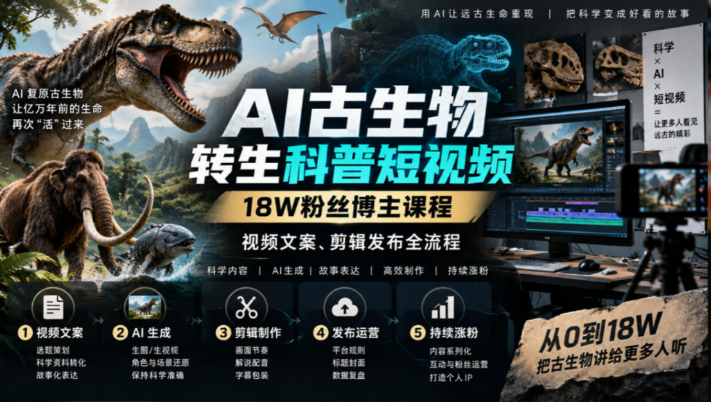 AI古生物转生科普短视频,18W粉丝博主课程,视频文案、剪辑发布全流程-赛德副业库