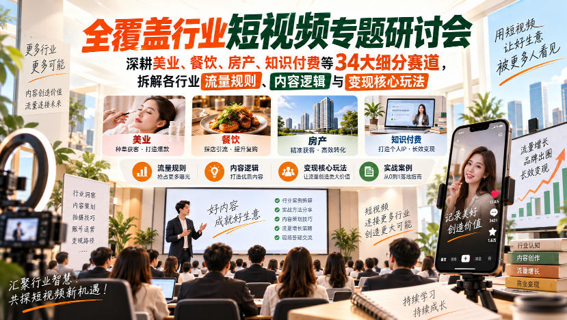 短视频专题研讨会，深耕美业、餐饮、房产、知识付费等34大细分赛道，拆解各行业流量规则、内容逻辑与变现核心玩法（更新1011）-赛德副业库
