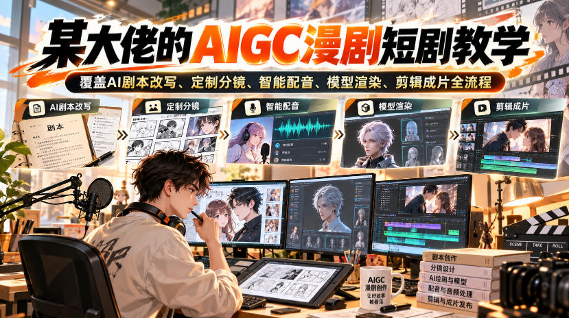 某大佬的AIGC漫剧短剧教学,覆盖AI剧本改写、定制分镜、智能配音、模型渲染、剪辑成片全流程-赛德副业库