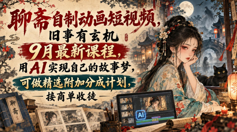 聊斋自制动画短视频,旧事有玄机9月最新课程,用AI实现自己的故事梦,可做精选附加分成计划,接商单收徒-赛德副业库