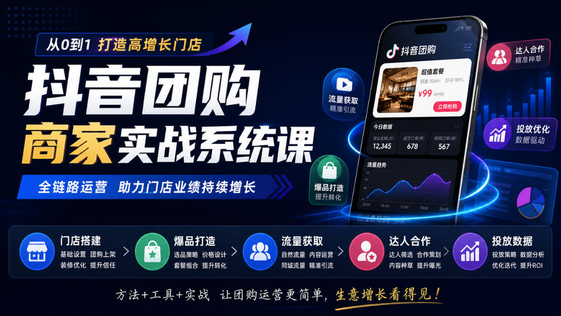 抖音团购商家实战系统课|门店搭建、爆品打造、流量获取、达人合作、投放数据全链路运营-赛德副业库