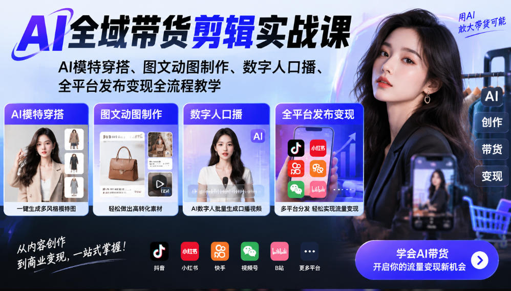 AI全域带货剪辑实战课｜AI模特穿搭、图文动图制作、数字人口播、全平台发布变现全流程教学-赛德副业库