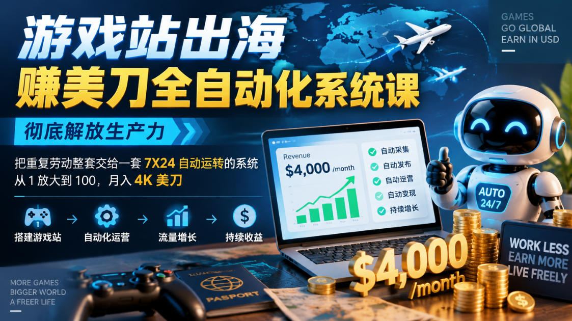 游戏站出海賺美刀全自动化系统课,彻底解放生产力–把重复劳动整套交给一套7X24自动运转的系统,从1放大到100,月入4K美刀-赛德副业库