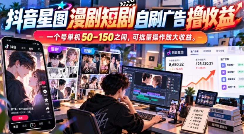 抖音星图漫剧短剧自刷广告撸收益,一个号单机50-150之间,可批量操作放大收益-赛德副业库