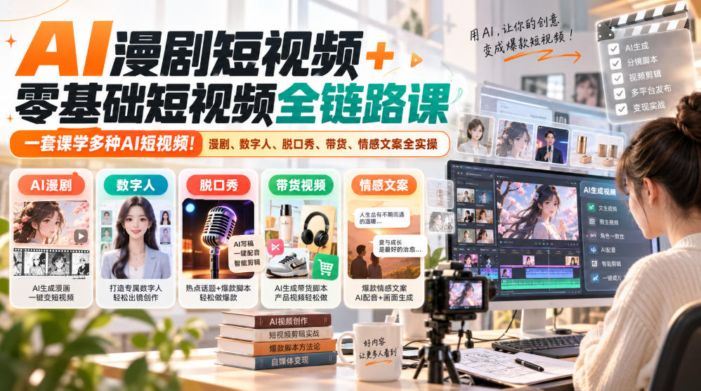 AI漫剧短视频+零基础短视频全链路课，一套课学多种AI短视频！漫剧、数字人、脱口秀、带货、情感文案全实操-赛德副业库
