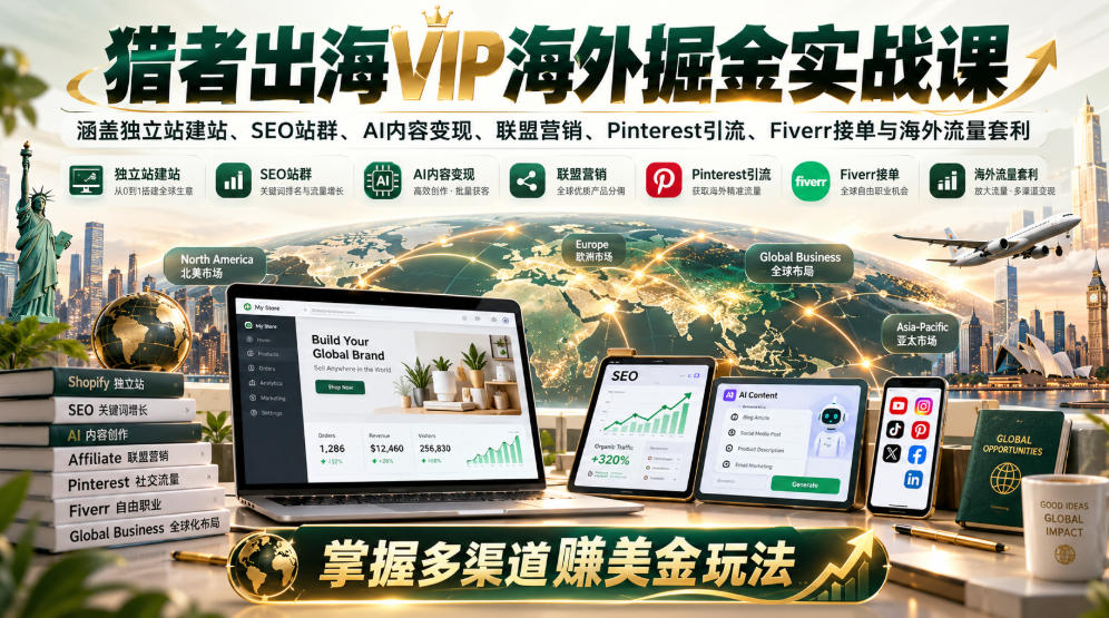 猎者出海VIP海外掘金实战课：涵盖独立站、SEO站群、AI变现、联盟营销、Pinterest引流、Fiverr接单与海外流量套利，掌握多渠道賺美金玩法-赛德副业库