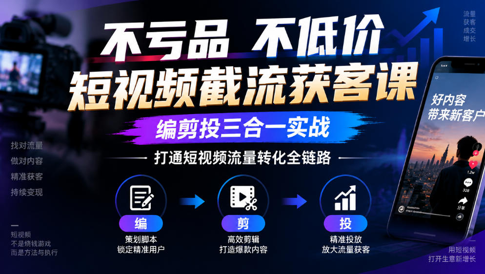 不亏品不低价短视频截流获客课，编剪投三合一实战，打通短视频流量转化全链路-赛德副业库