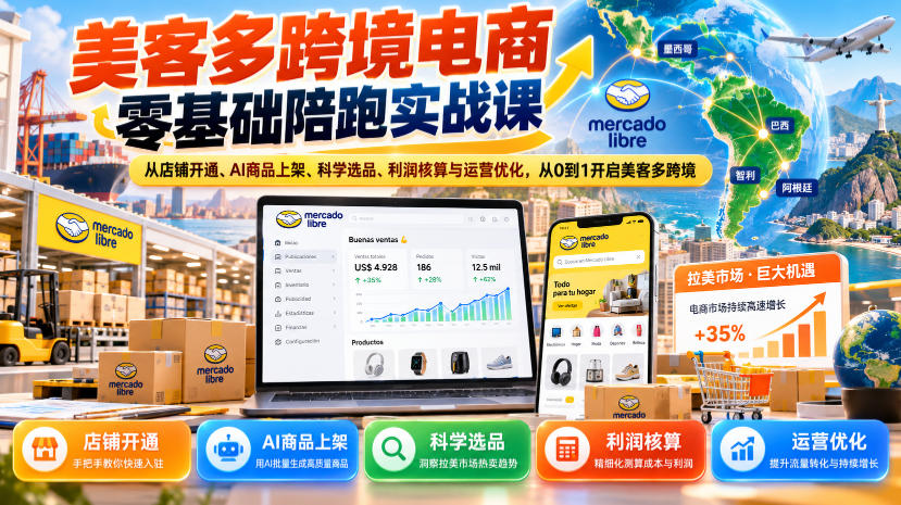 美客多跨境电商零基础陪跑实战课：从店铺开通、AI商品上架、科学选品、利润核算与运营优化，从0到1开启美客多跨境-赛德副业库