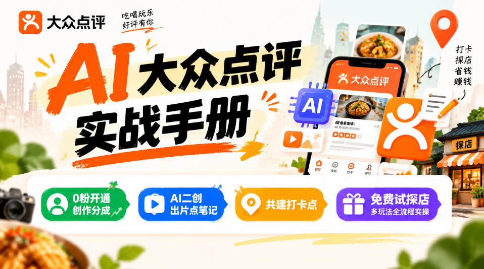某局的AI大众点评实战手册，0粉开通创作分成、AI二创出片点笔记、共建打卡点、免费试探店多玩法全流程实操-赛德副业库