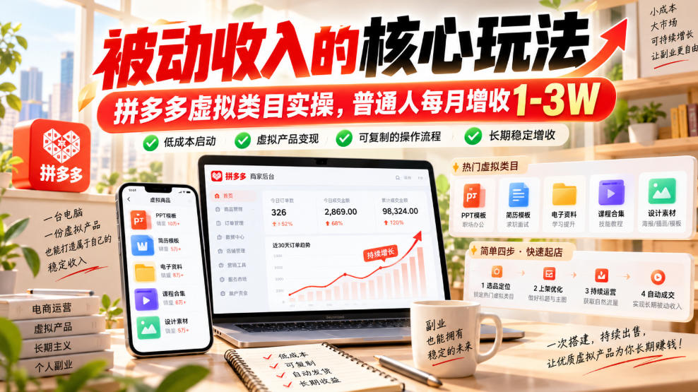 被动收入的核心玩法,拼多多虚拟类目实操,普通人每月增收1-3W【揭秘】-赛德副业库