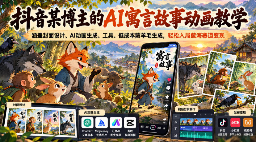 抖音某博主的AI寓言故事动画教学，涵盖封面设计、AI动画生成、工具、低成本薅羊毛生成，轻松入局蓝海赛道变现-赛德副业库