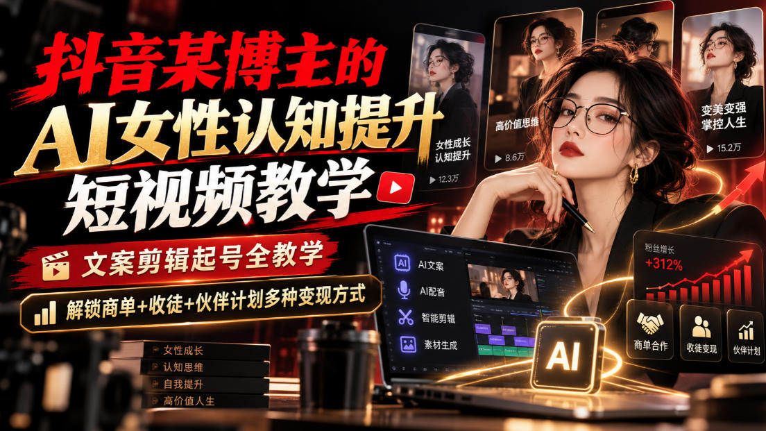 抖音某博主的Ai女性认知提升短视频教学，文案剪辑起号全教学，解锁商单+收徒+伙伴计划多种变现方式-赛德副业库