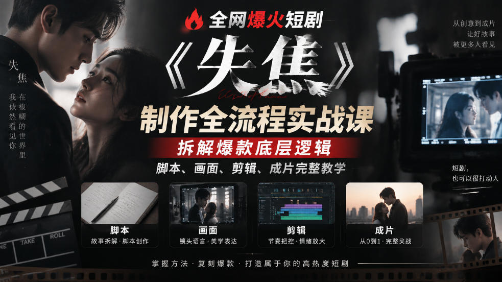 全网爆火短剧《失焦》制作全流程实战课｜拆解爆款底层逻辑，脚本、画面、剪辑、成片完整教学-赛德副业库
