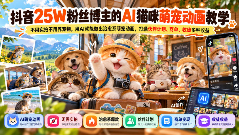 抖音25W粉丝博主的AI猫咪萌宠动画教学,不用实拍不用养宠物,用AI就能做出治愈系萌宠动画,打通伙伴计划、商单、收徒多种收益-赛德副业库