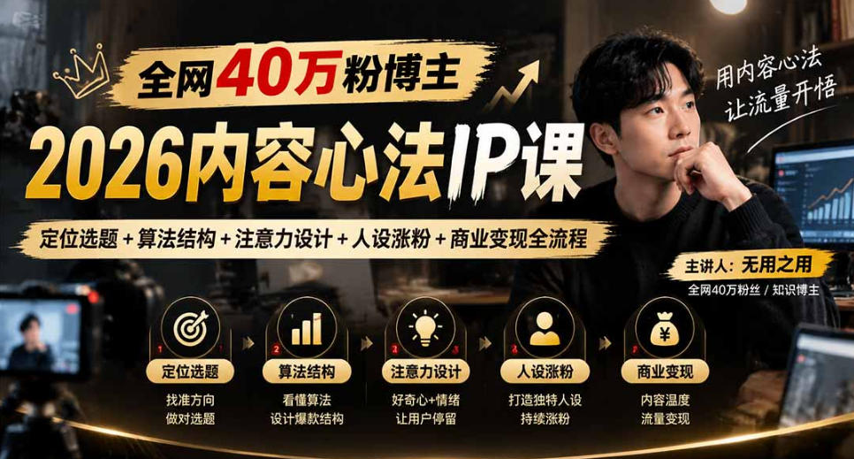 【无水印】全网40W粉博主的2026内容心法IP课，定位选题+算法结构+注意力设计+人设涨粉+商业变现全流程-赛德副业库